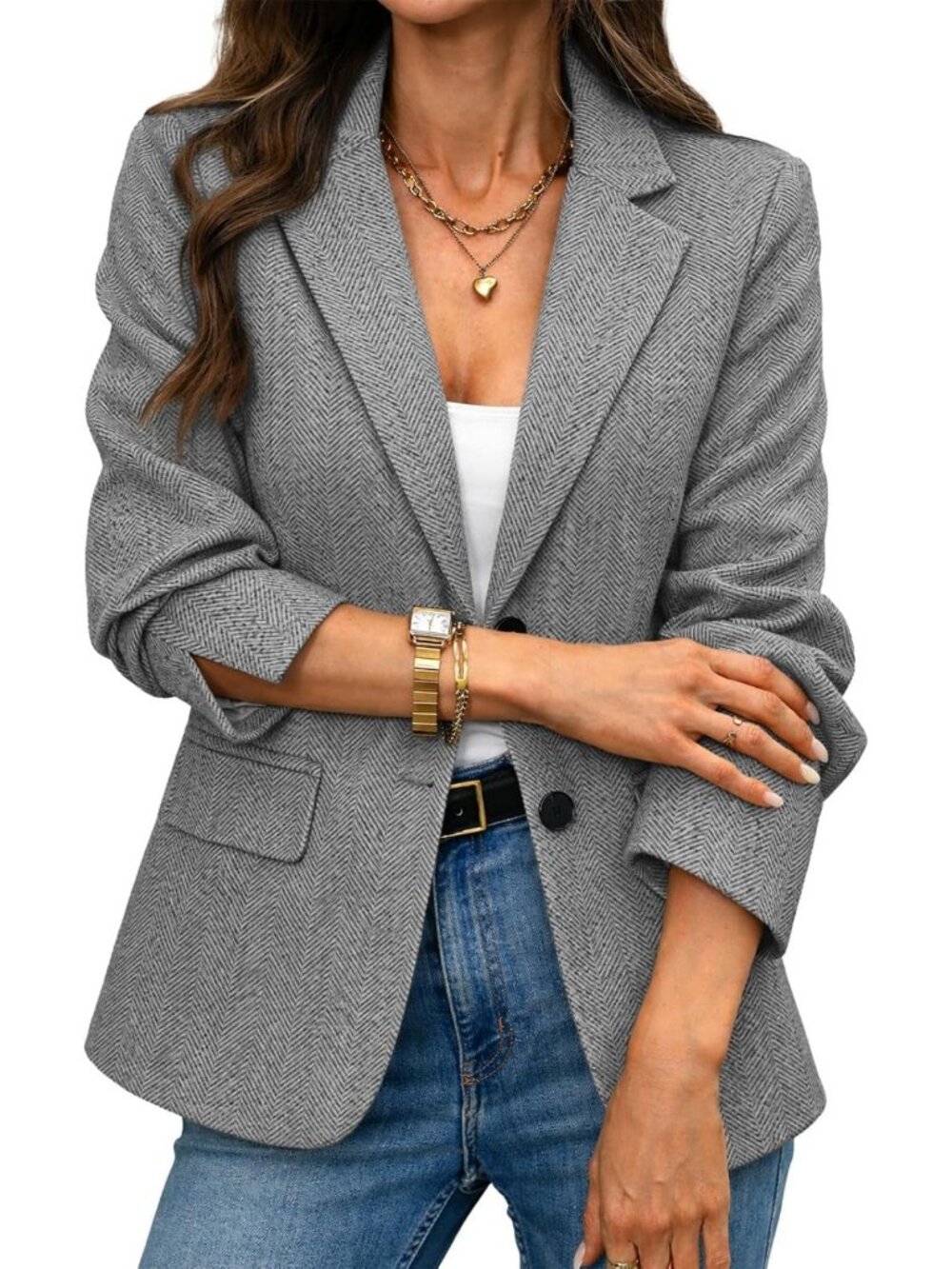 Chic Women's Herringbone Tweed Blazer - Slim Fit Business Casual Jacket